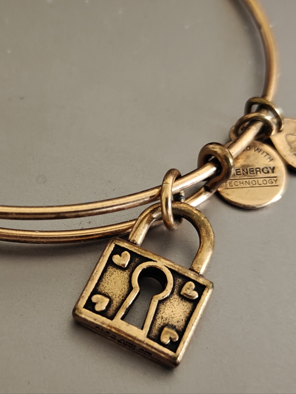 Alex and Ani Unbreakable Love Gold Tone Padlock Charm Expandable Bangle Bracelet